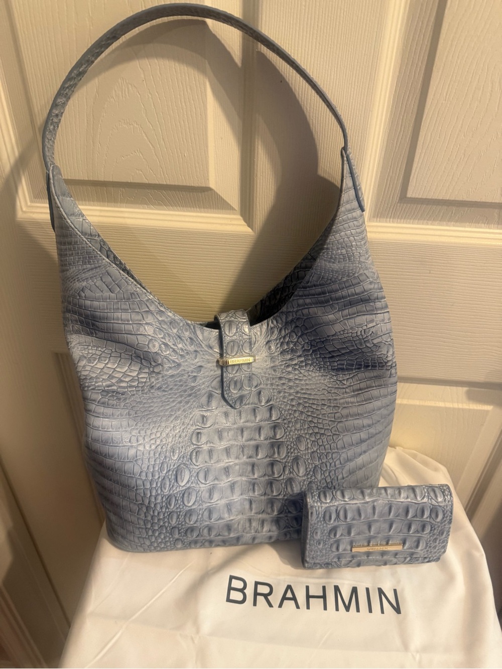 Brahmin Light Blue Croc-Embossed Leather Shoulder Hobo Gwynn Bag with Wallet